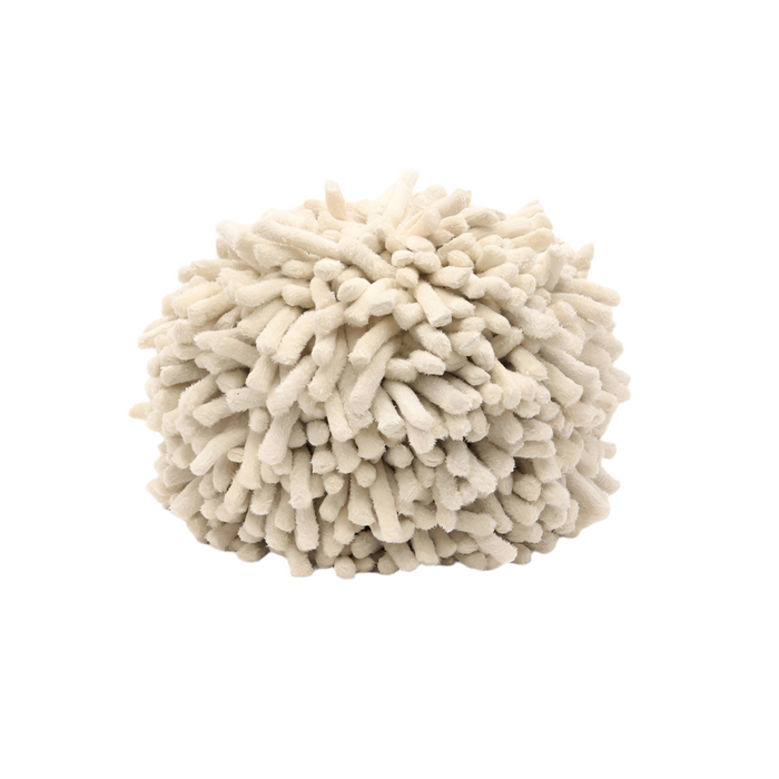 textured off white pouf in round shape on white background