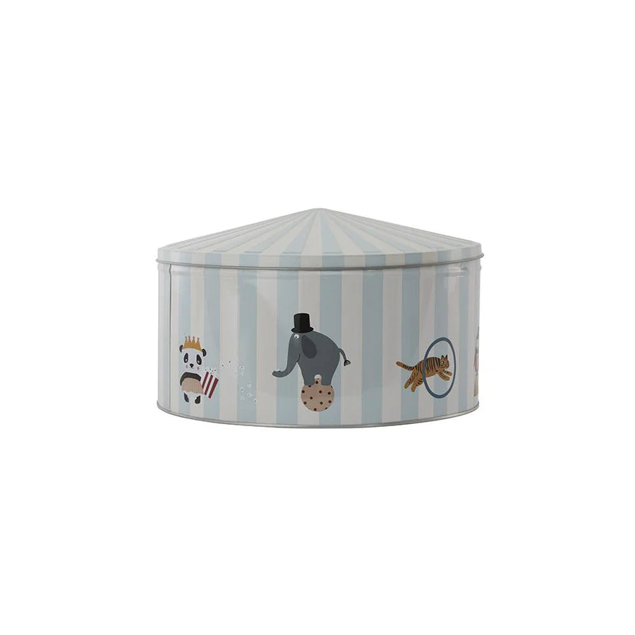 Striped children's storage box with animal illustrations on a white background