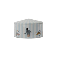 Striped children's storage box with animal illustrations on a white background