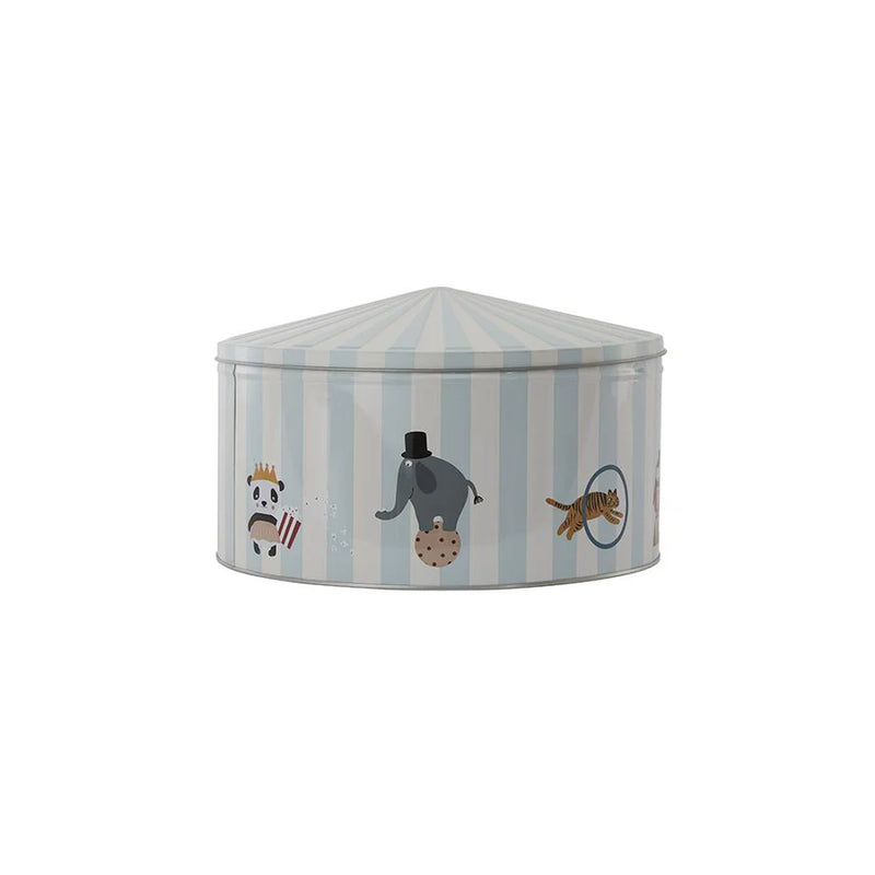Striped children's storage box with animal illustrations on a white background