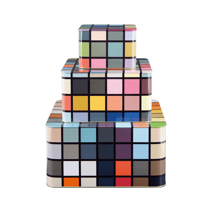 set of 3 metal storage tins with squared Mondrian design