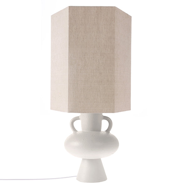 natural linen hexagon shape table lamp with white stoneware base with two handles