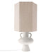 natural linen hexagon shape table lamp with white stoneware base with two handles