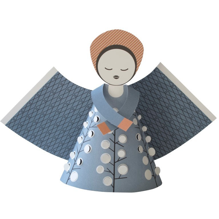 Decorative angel figurine with a blue robe and brown hair on a white background