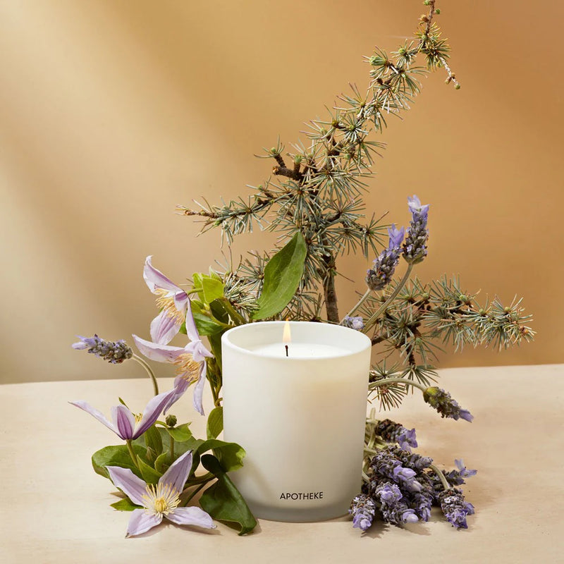 white glass vessel with hinoki lavender scented candle 