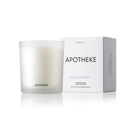 white glass vessel with hinoki lavender scented candle and apotheke box