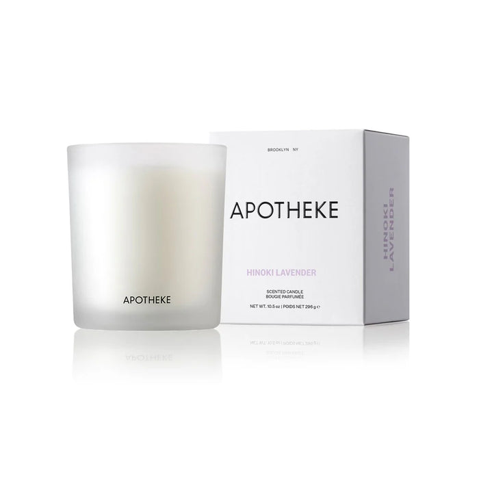 white glass vessel with hinoki lavender scented candle and apotheke box