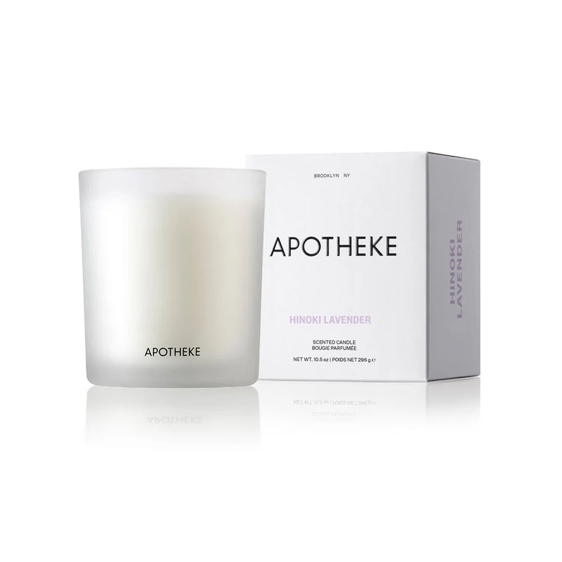 white glass vessel with hinoki lavender scented candle and apotheke box