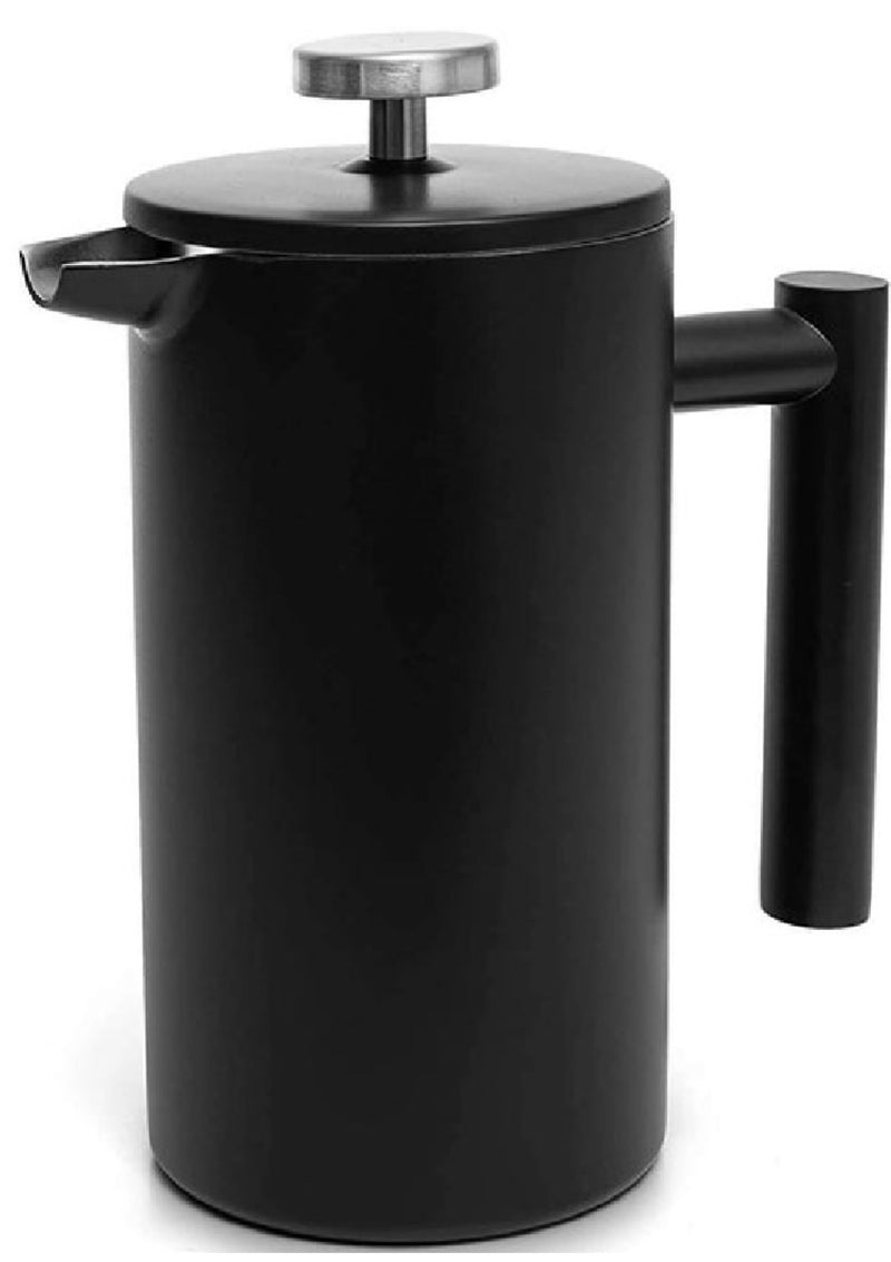 Black French press coffee maker on a white background