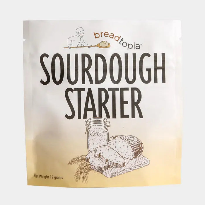 Package of breadtopia sourdough starter with illustrations of a jar and bread slices on a white background.
