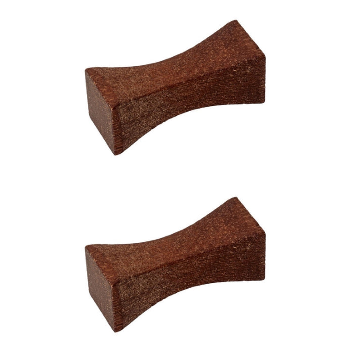 Two brown wooden chopstick rests on a white background