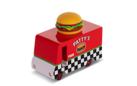 Toy truck with a hamburger on top, resembling a fast-food vehicle, on a white background.
