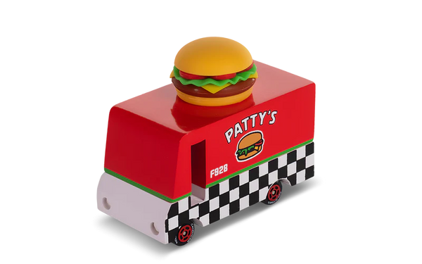 Toy truck with a hamburger on top, resembling a fast-food vehicle, on a white background.