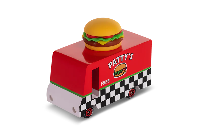 Toy truck with a hamburger on top, resembling a fast-food vehicle, on a white background.