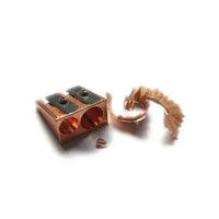 Copper electrical connector with two sockets on a white background
