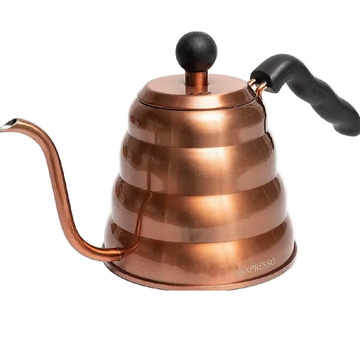 Copper-colored kettle with a black handle on a white background