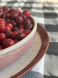 Bowl of red berries on a checkered tablecloth