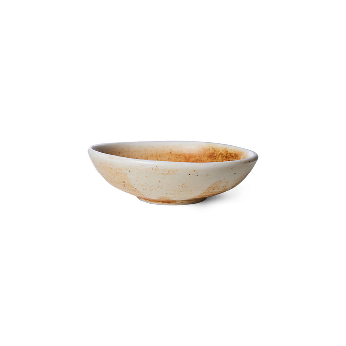 super small cream and brown flat bowl dish