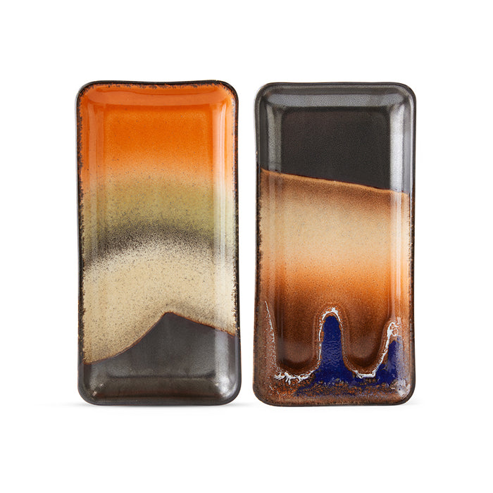 retro style set 2 trays reactive glaze finish brown orange blue and green tones