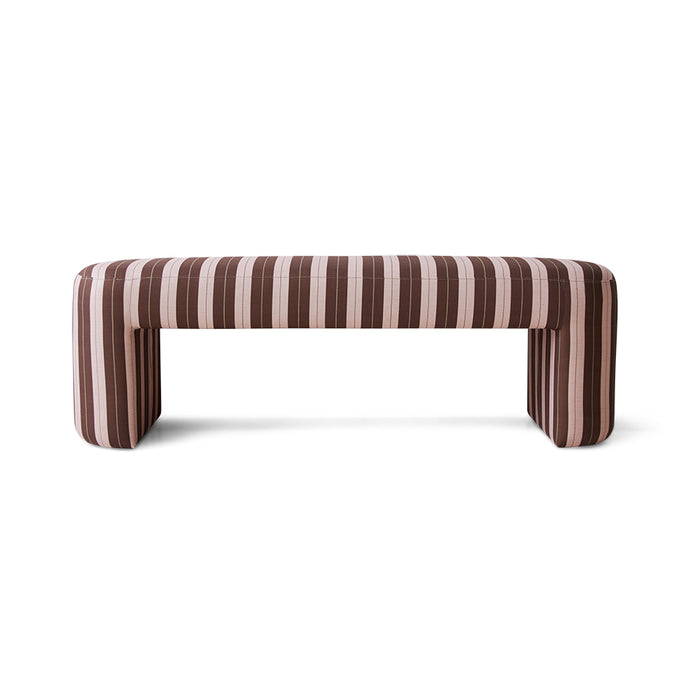 blush and maroon striped upholstered bench