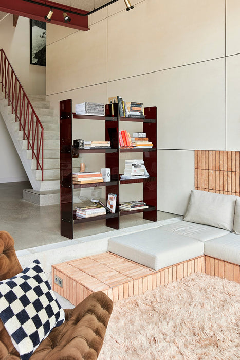 smokey brown acrylic open shelving unit in living room