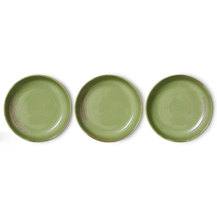 3 moss green glazed dinner plates