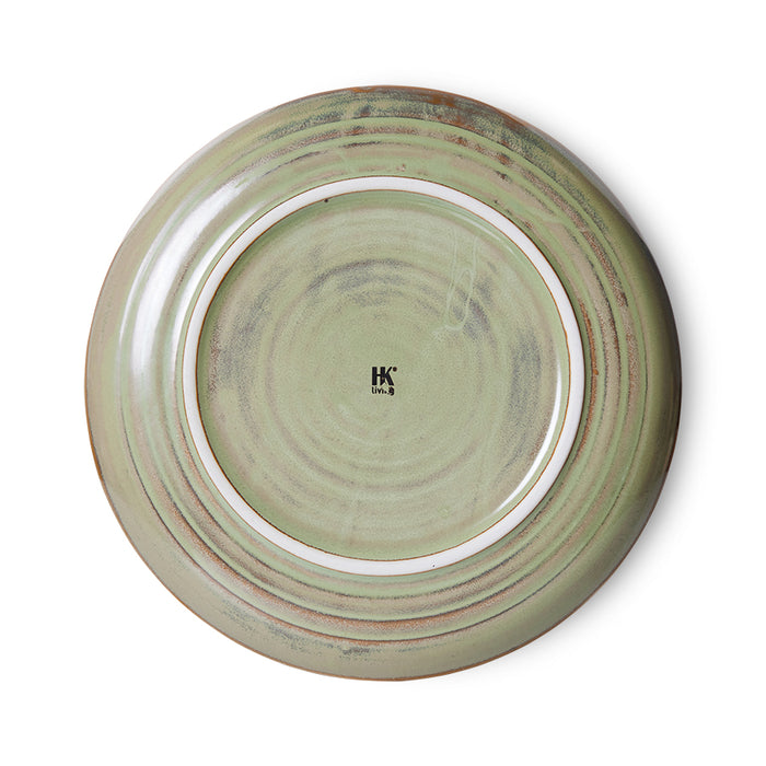 back of moss green colored side plate with logo