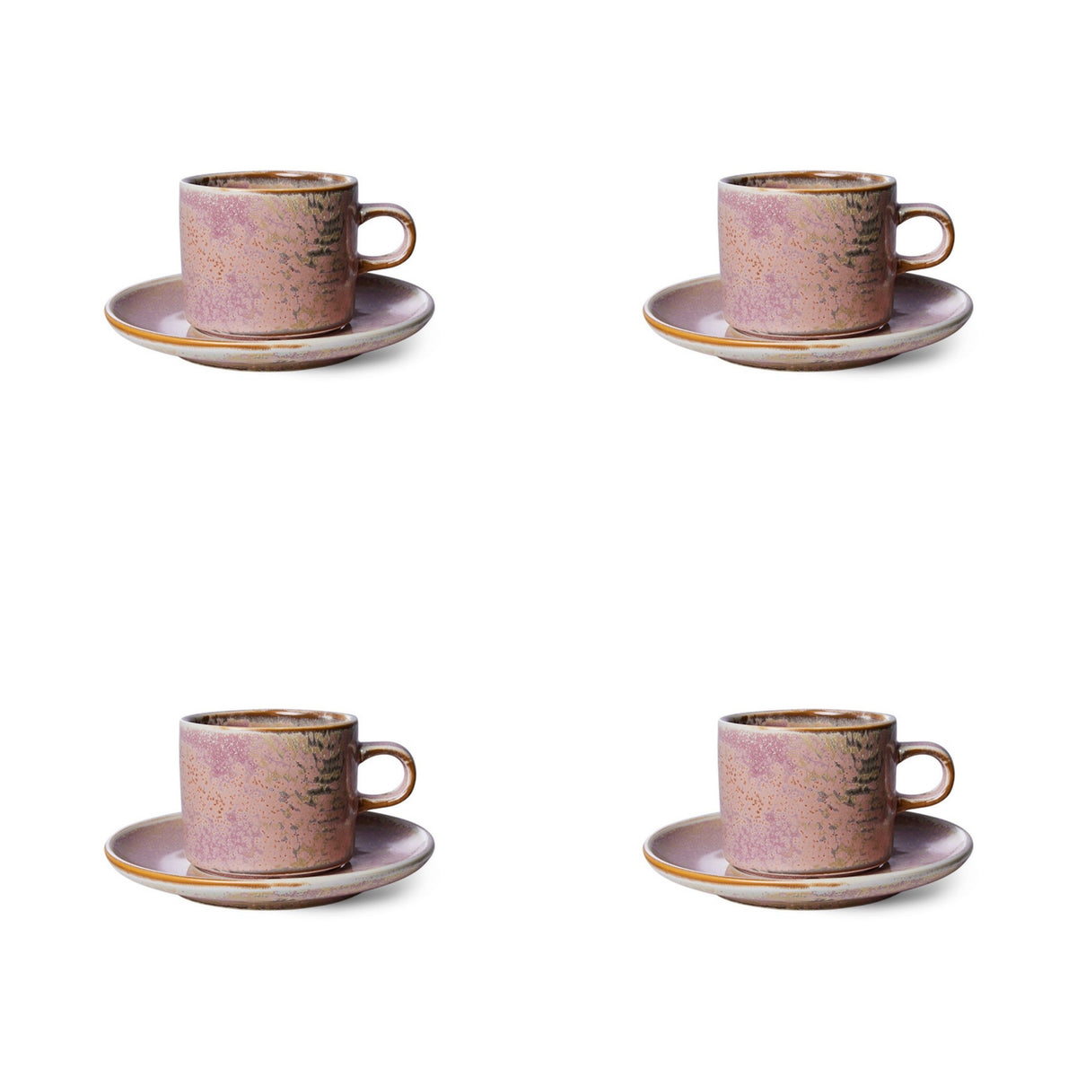 4 rustic pink cups with ear and saucers