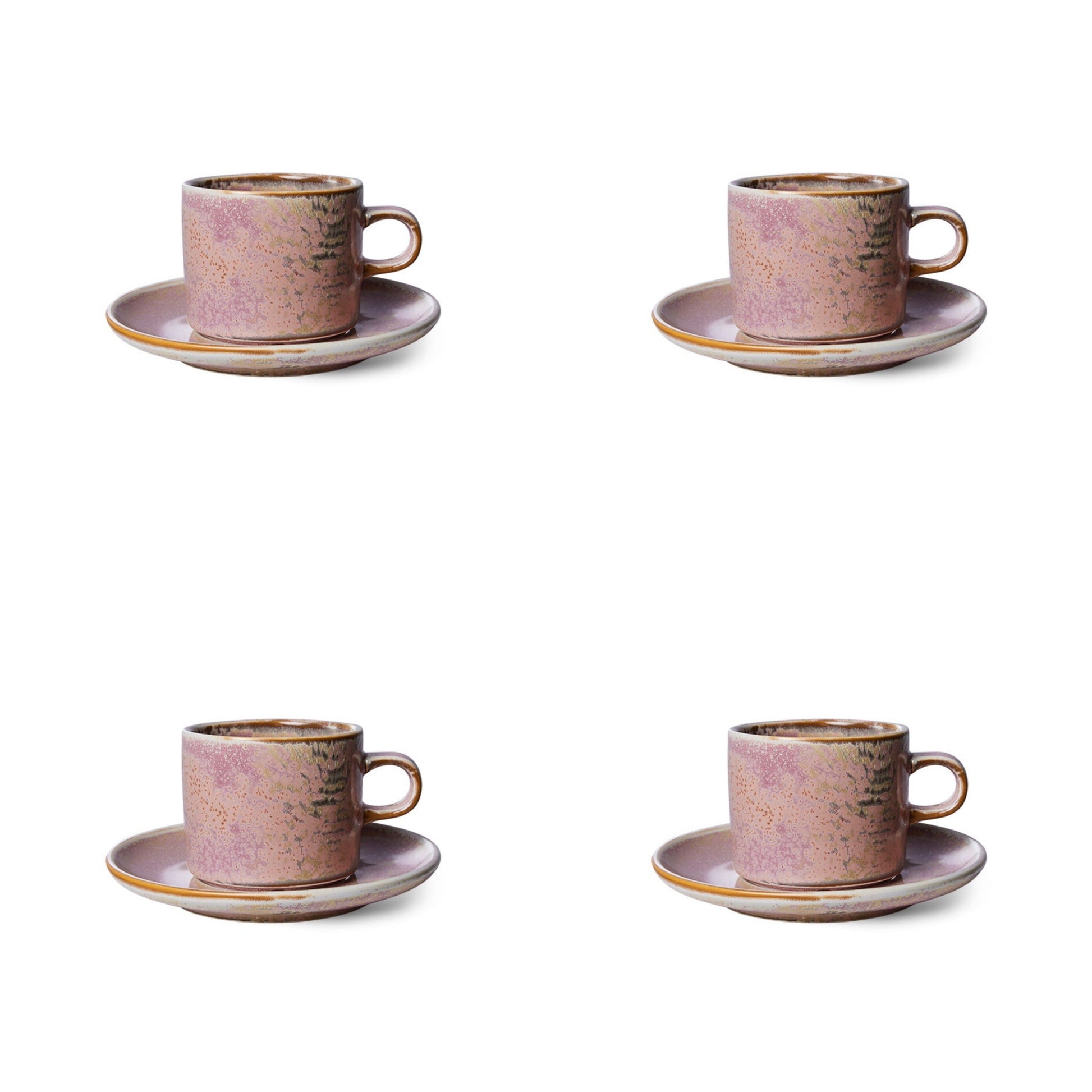 4 rustic pink cups with ear and saucers