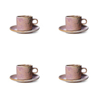 4 rustic pink cups with ear and saucers