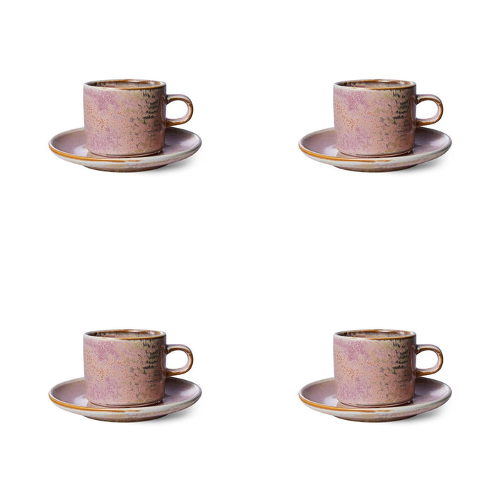 4 rustic pink cups with ear and saucers