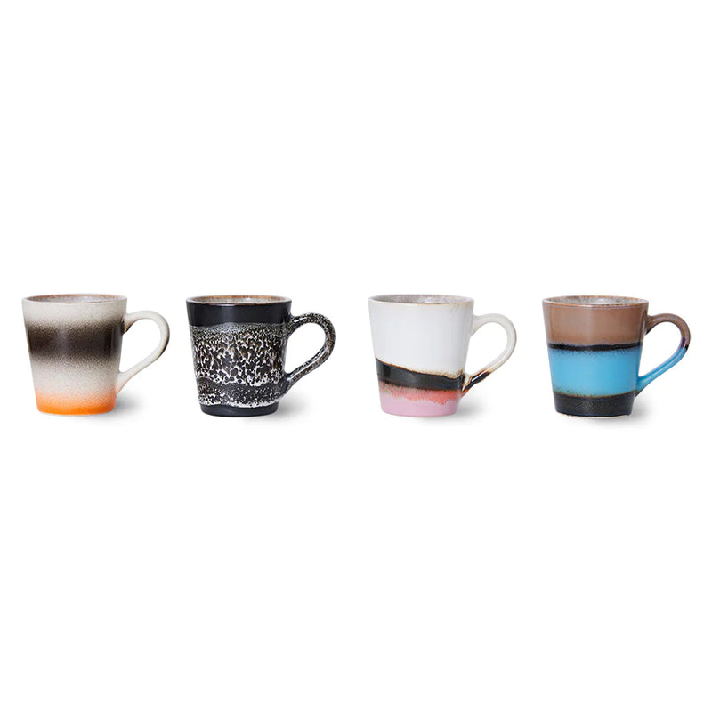 4 different colored retro style espresso cups with ear