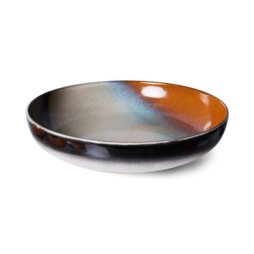retro style serving bowl in orange black and brown hues