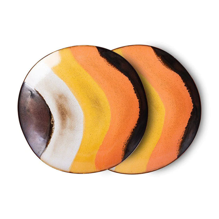 retro style stoneware side plates in orange yellow white and brown