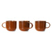 3 orange brown ceramic mugs with ear