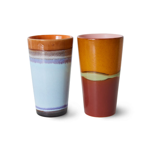 two tall retro inspired style tumbler mugs
