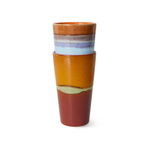 two tall retro inspired style tumbler mugs