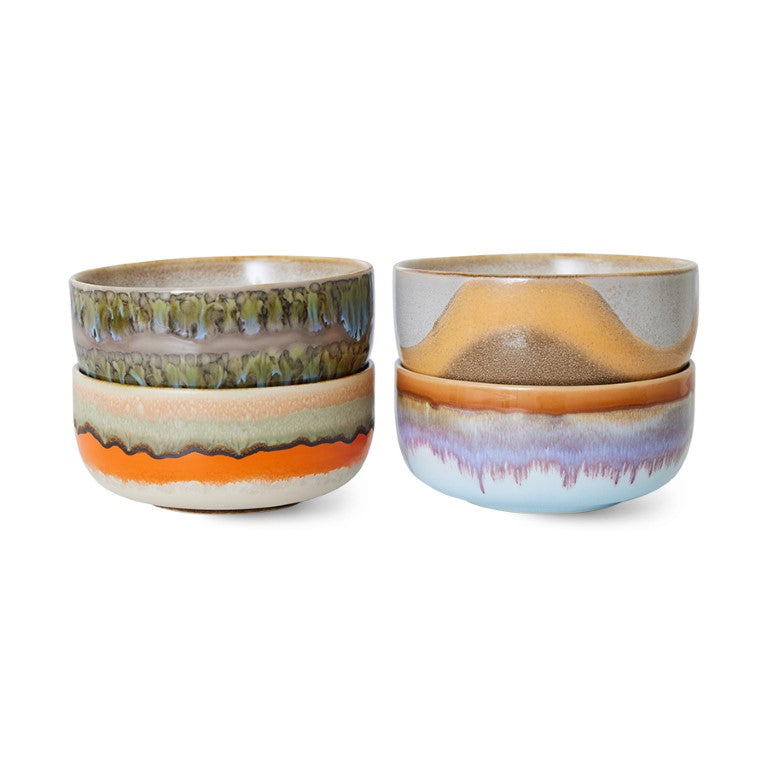 4 retro style dessert bowls with reactive glaze finish