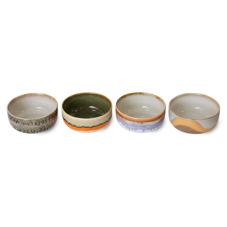 4 retro style dessert bowls with reactive glaze finish