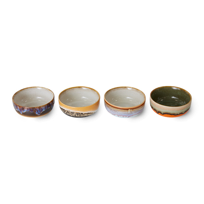4 small tapa bowls with retro design reactive glaze in multiple colors