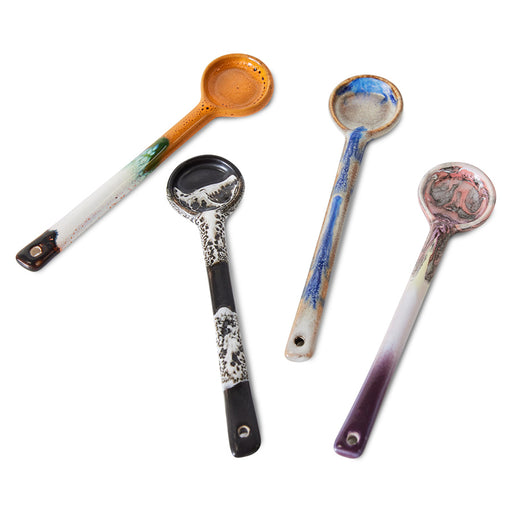 4 ceramic retro style spoons with colorful reactive glaze