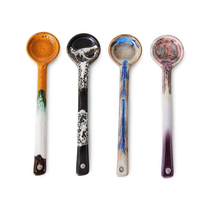 4 ceramic retro style spoons with colorful reactive glaze