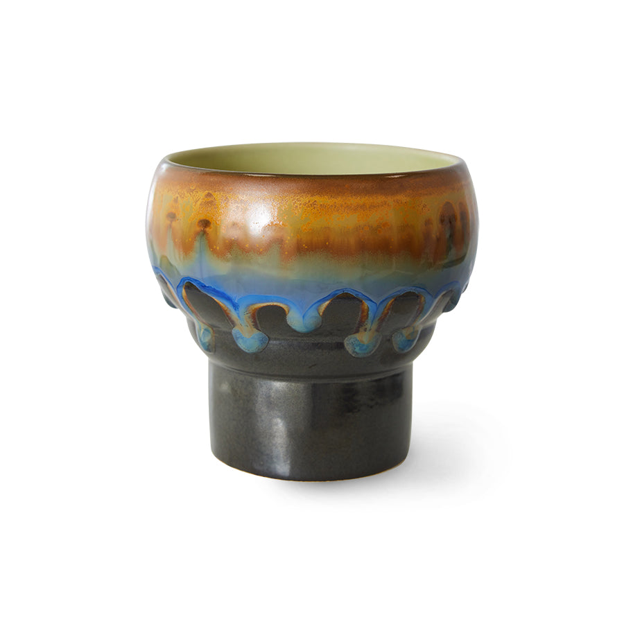 retro style ceramic coffee cup with reactive glaze finish