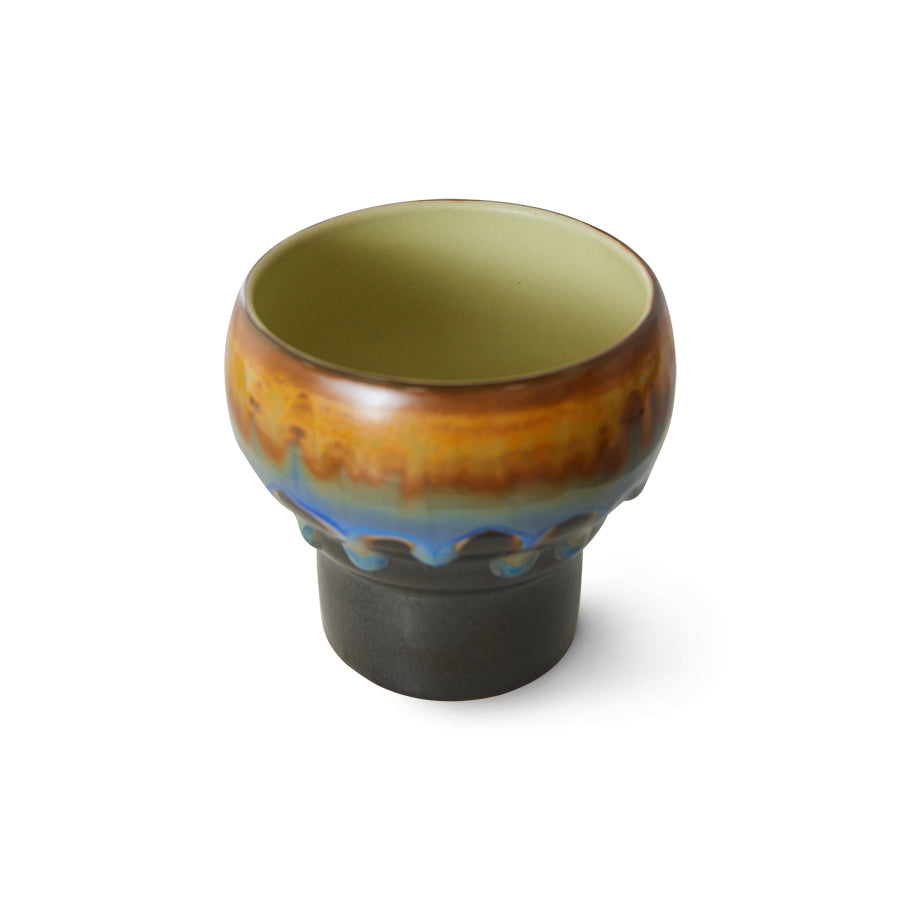 retro style ceramic coffee cup with reactive glaze finish