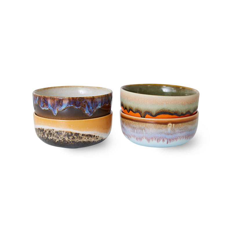 4 small tapa bowls with retro design reactive glaze in multiple colors