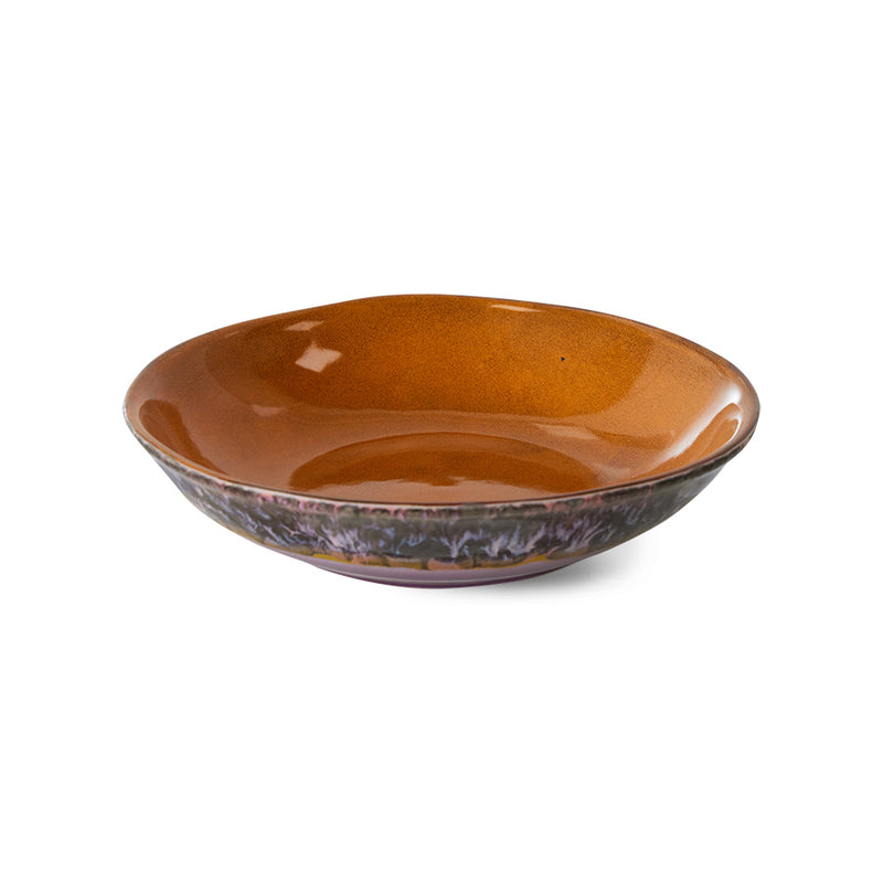 retro style deep plates with burnt orange inside and purple tones outside reactive glaze