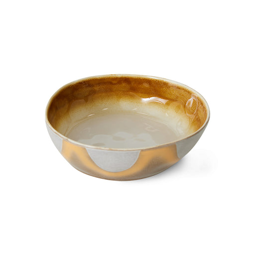 stoneware retro inspired bowl with brown cream and gray glaze