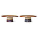 two retro style cake stands in brown hues with variations in finish