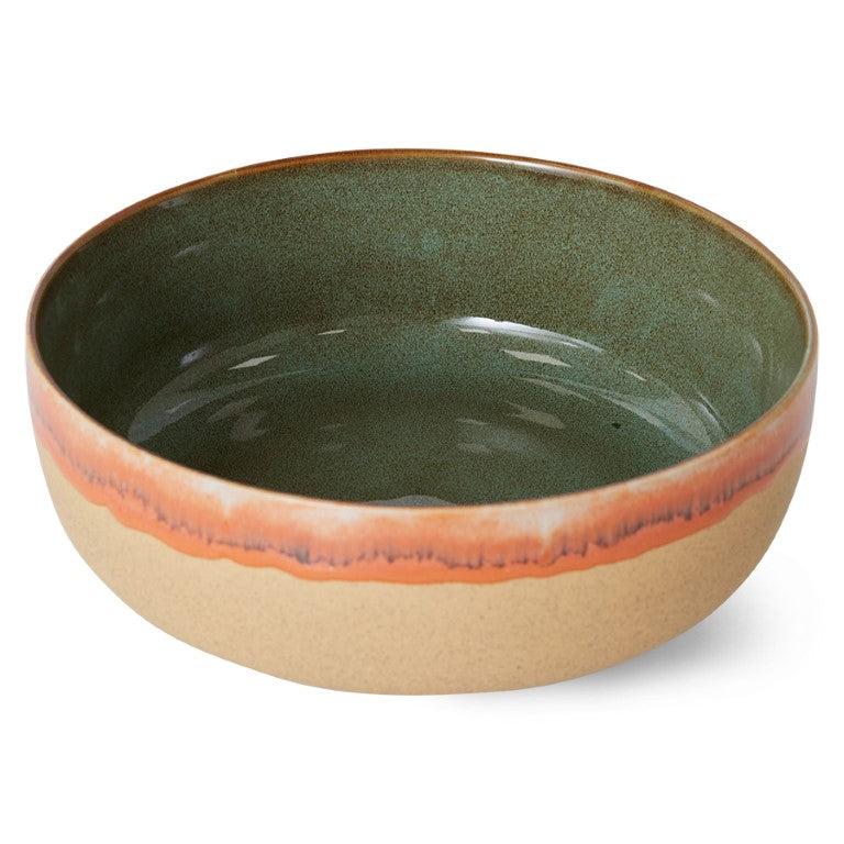 sand colored yellow and orange large bowl with green inside