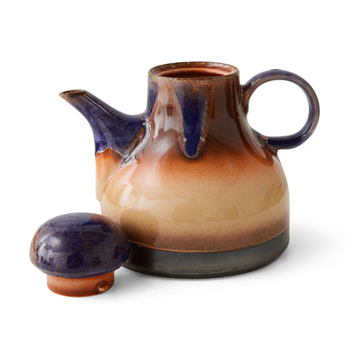 retro style coffee pot with blue, orange and brown reactive glaze finish